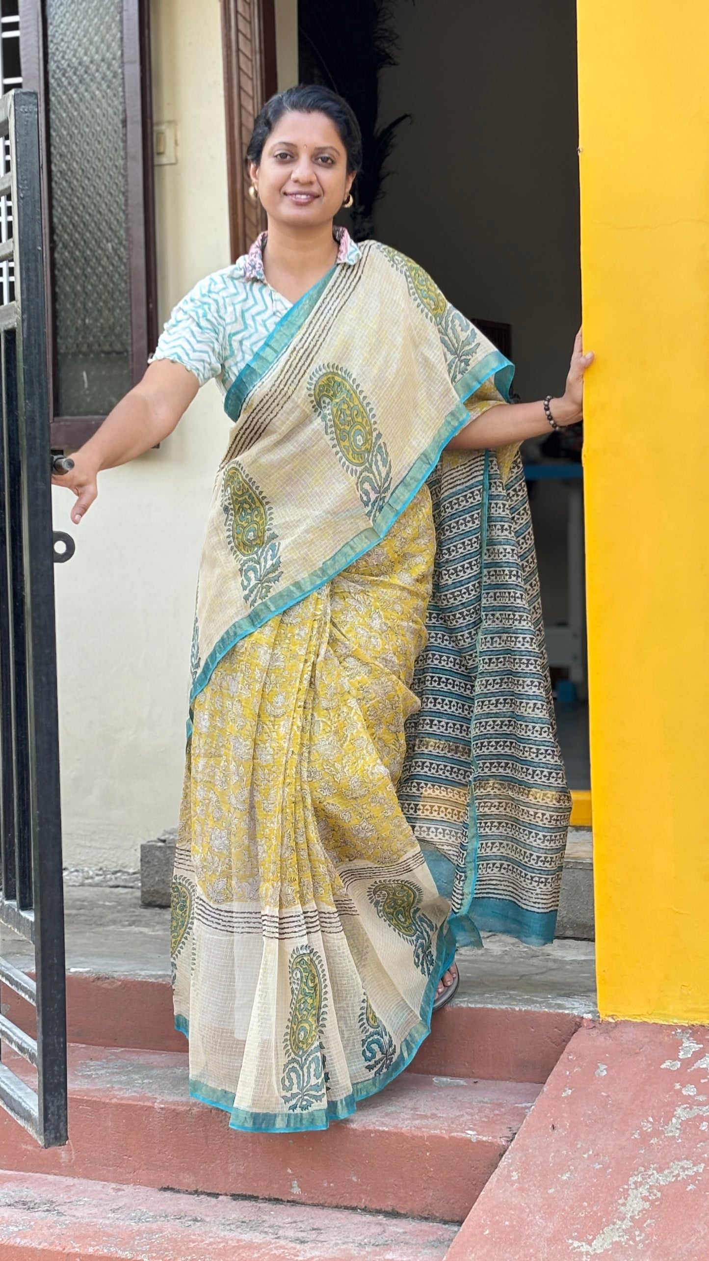 Yellow & Cyan Block Print Kota Cotton Saree