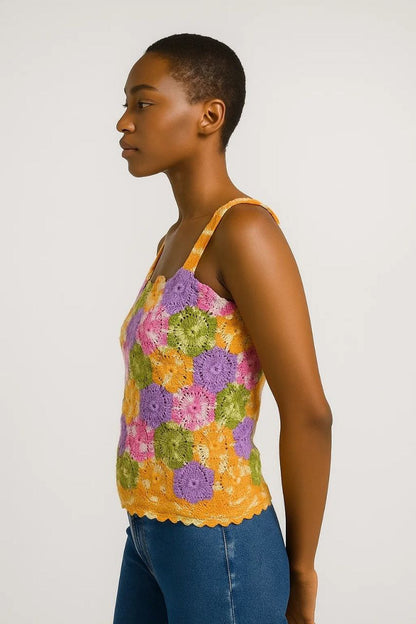 Multicolor Floral Crochet Cotton Tank Top