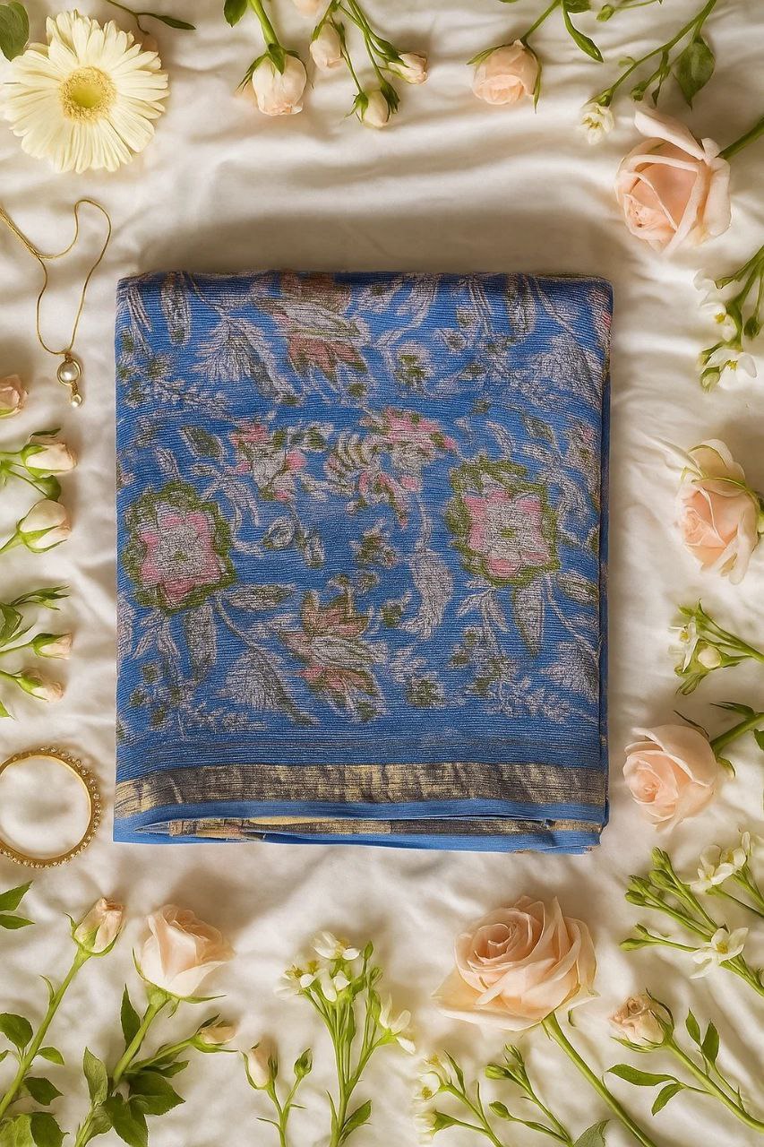 Pastel Blue Floral Zari Kota Cotton Saree