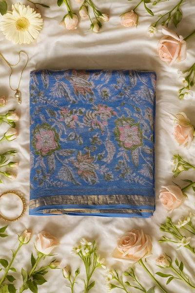 Pastel Blue Floral Zari Kota Cotton Saree