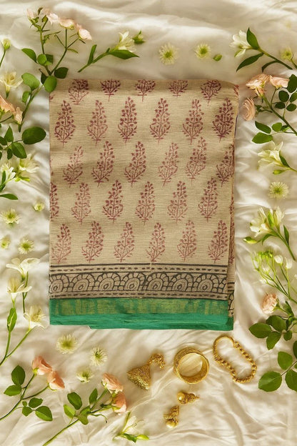 Beige & Green Zari Kota Cotton Saree