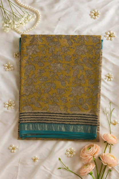 Yellow & Cyan Block Print Kota Cotton Saree